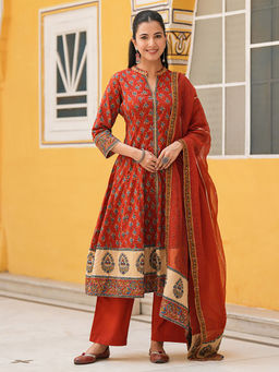 Rain & Rainbow - Women Red Floral Anarkali Kurta with Pant & Dupatta