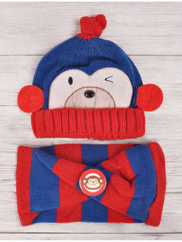 Yellow Bee - Blue and Red Monkey Applique Cap and Muffler (Set of 2)