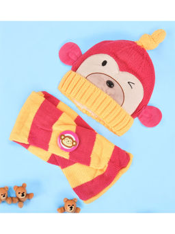 Yellow Bee - Pink and Yellow Monkey Applique Cap and Muffler (Set of 2)