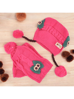 Yellow Bee - Fuchsia Pink Cap with Briads and Muffler (Set of 2)