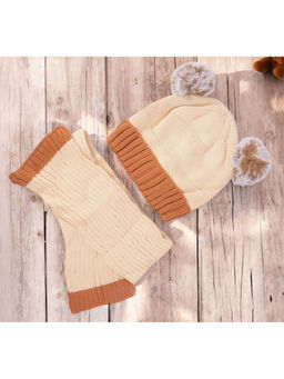 Yellow Bee - Beige Cap with Pom Pom & Scarf (Set of 2)