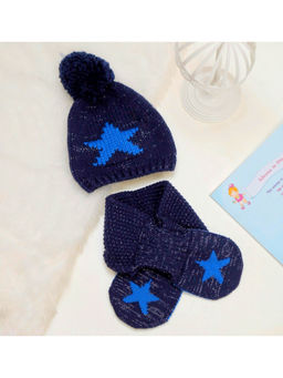 Yellow Bee - Navy Blue Knitted Star Beanie Cap and Scarf (Set of 2)