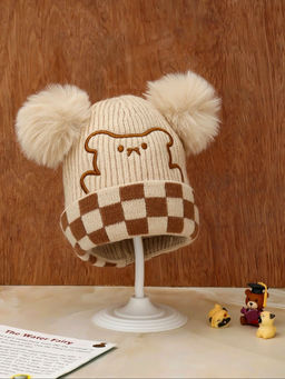 Yellow Bee - Beige Checks and Teddy Print Cap with Pom Pom