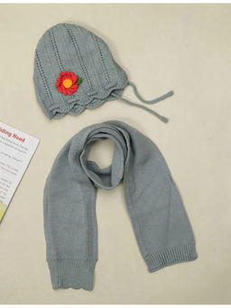 Yellow Bee - Blue Knitted Beanie with Flower Design and Muffler (Set of 2)