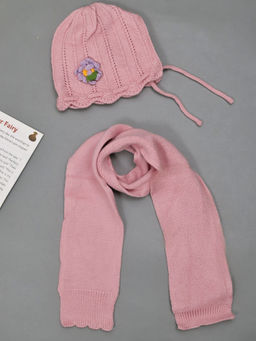 Yellow Bee - Pink Knitted Beanie with Flower Design and Muffler (Set of 2)