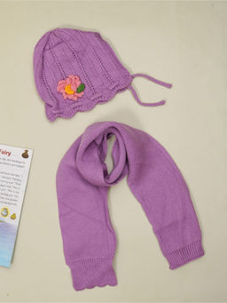 Yellow Bee - Purple Knitted Beanie with Flower Design and Muffler (Set of 2)