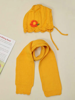 Yellow Bee - Yellow Knitted Beanie with Flower Design and Muffler (Set of 2)