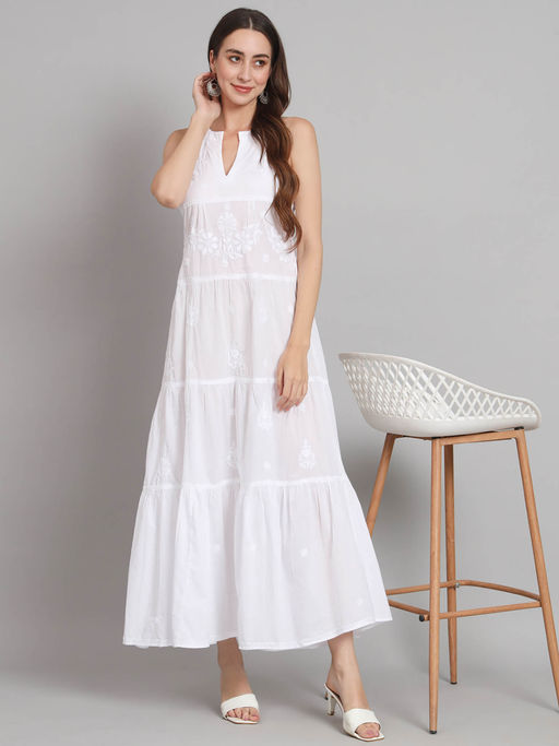 Buy PARAMOUNT CHIKAN White Ethnic Motifs Embroidered Chikankari Maxi Dress  Online