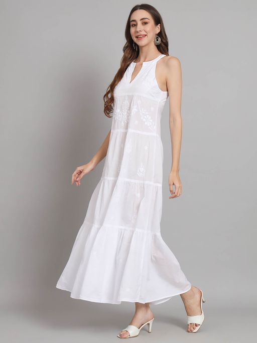 Buy PARAMOUNT CHIKAN White Ethnic Motifs Embroidered Chikankari Maxi Dress  Online