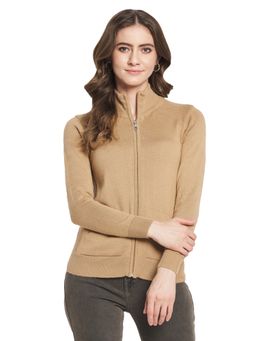 Monte Carlo - Women Wool Blend Brown Solid High Neck Cardigan