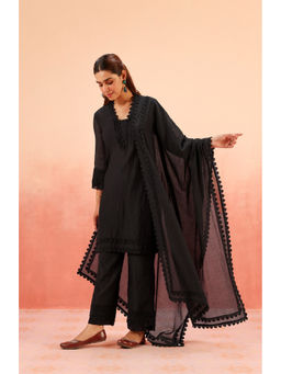 DOHR INDIA - Maya Black Cotton Silk Chanderi Short Kurta with Pant and Dupatta (Set of 3)