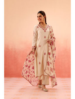 DOHR INDIA - Gilbane Beige Jacquard Embroidered Kurta with Pant and Dupatta (Set of 3)