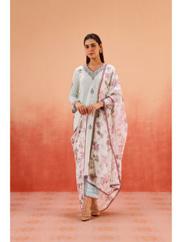 DOHR INDIA - Gilbane Blue Jacquard Embroidered Kurta with Pant and Dupatta (Set of 3)