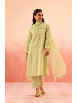 DOHR INDIA - Maira Yellow Schiffli Embroidered Kurta with Pant and Dupatta (Set of 3)