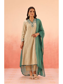 DOHR INDIA - Saanjh Mustard Cotton Yarn Dyed Kurta with Pant and Dupatta (Set of 3)