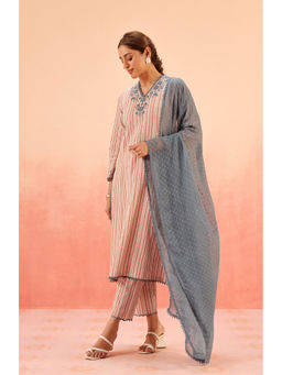 DOHR INDIA - Saanjh Red Cotton Yarn Dyed Kurta with Pant and Dupatta (Set of 3)