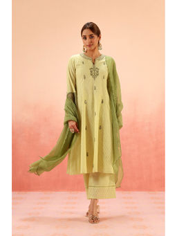 DOHR INDIA - Gulnar Green Jacquard Embroidered Kurta with Palazzo and Dupatta (Set of 3)