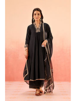DOHR INDIA - Chandani Black Cotton Silk Embroidered Kurta with Palazzo and Dupatta (Set of 3)