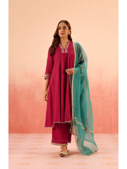 DOHR INDIA - Chandani Pink Cotton Silk Embroidered Kurta with Palazzo and Dupatta (Set of 3)