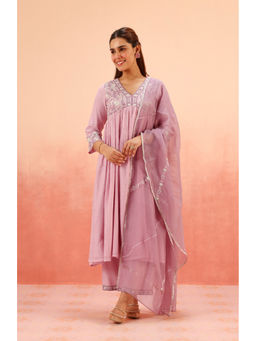 DOHR INDIA - Tarini Lavender Chanderi Embroidered Anarkali with Palazzo and Dupatta (Set of 3)