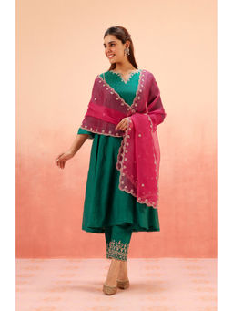 DOHR INDIA - Samiya Teal Green Cotton Embroidered Kurta with Pant and Dupatta (Set of 3)