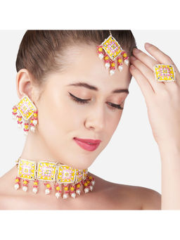 Zaveri Pearls - Yellow and Pink Meenakari Choker Necklace, Earring, Maangtikka and Ring (Set of 4)