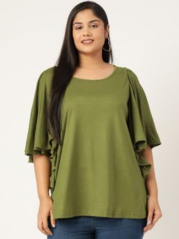 theRebelinme - Plus Size Women Olive Green Solid Colour Viscose Longline Top