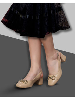 T.ELEVEN - Women Beige Block Heels with Square Toe & Stylish Buckle