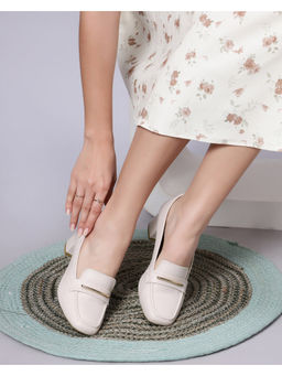 T.ELEVEN - Women Block Square Toe with Stylish Buckle Ivory Pumps