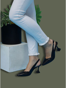 T.ELEVEN - Women Pointed Toe Sling Back Stylish & Sturdy Spool Heels Black