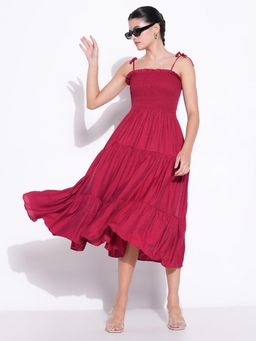 SHOWOFF - Red Solid Flared Dress