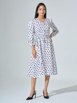 SALT Attire - White Polka Dots A-Line Dress with Belt (Set of 2)