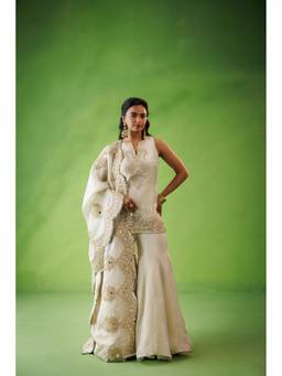 Kisakshi Jaipur - Beige Tissue Flared Sharara With Kurta And Dupatta