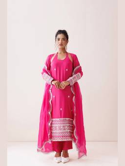 Kisakshi Jaipur - Hot Pink Chanderi Halter Neck Kurta With Jacket & Pant With Dupatta