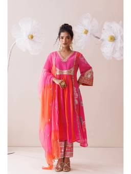 Kisakshi Jaipur - Pink And Orange Dori Work Kurta With Pant And Dupatta