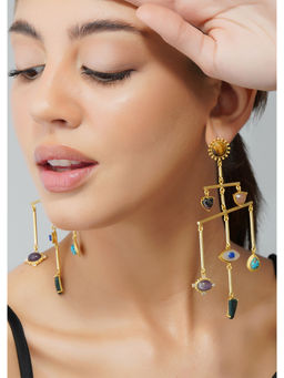 ZARIIN - 22Kt Gold Plated Multi Stone Healing Drop and Dangler Earrings