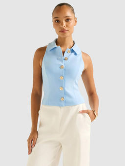 Forever New - Blue Tilly Button Detail Halter Top