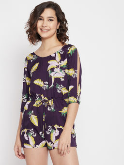 PURYS - Purple Tropical Print Playsuit