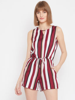 PURYS - Maroon Stripes Print Playsuit