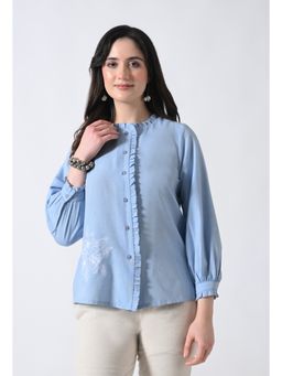 ALL WAYS YOU - Blue Embroidered Cotton Regular Fit Top