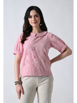 ALL WAYS YOU - Pink Embroidered Cotton Regular Fit Top
