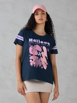 DILLINGER - Navy Blue Typography Cotton Boxy Fit T-Shirt