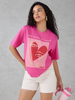 DILLINGER - Rose Gold Typography Cotton Oversized Fit T-Shirt