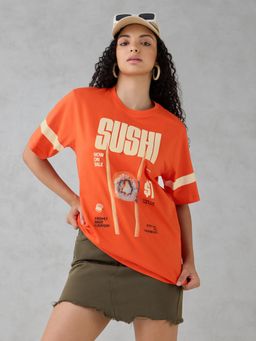 DILLINGER - Orange Printed Cotton Oversized Fit T-Shirt