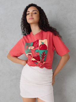 DILLINGER - Red Printed Cotton Oversized Fit T-Shirt