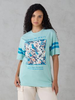 DILLINGER - Turquoise Printed Cotton Oversized Fit T-Shirt