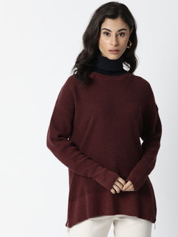 RAREISM - Maroon Solid Cotton Relaxed Fit Sweater