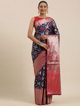 Banarasi Silk Works - Navy Blue Zari Patola Brocade Border Art Saree with Unstitched Blouse