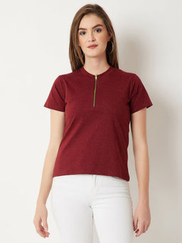 Miss Chase - Women's Maroon Round Neck Half Sleeve Cotton Solid Zippered High Neck Top