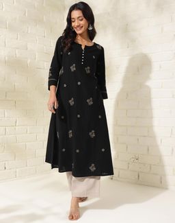 Fabindia - Cotton Black Embroidered Chikankari Round Neck Slim Fit Long Kurta